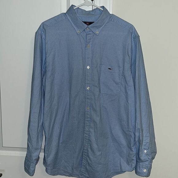 Vineyard Vines Whale Blue & White LS gingham check classic fit Tucker shirt L - Picture 2 of 4